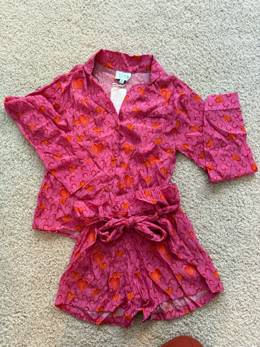 TAJ BY SABRINA Pink Heart-Print Top with  Tie-Waist shorts set